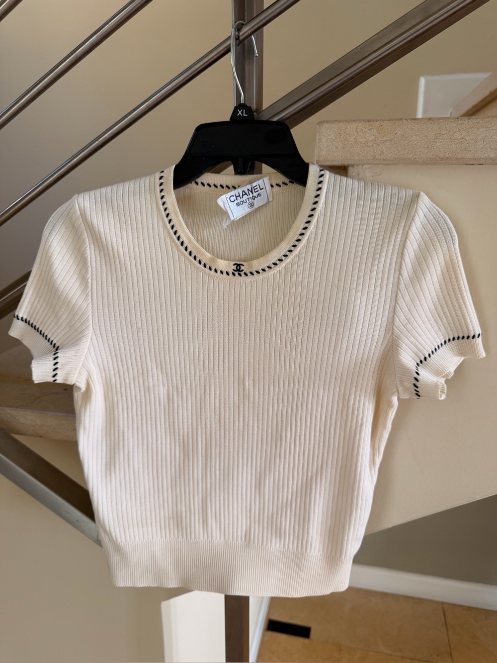 Vintage Chanel Cream Ribbed Short-Sleeve Knit Top with Black Accent
